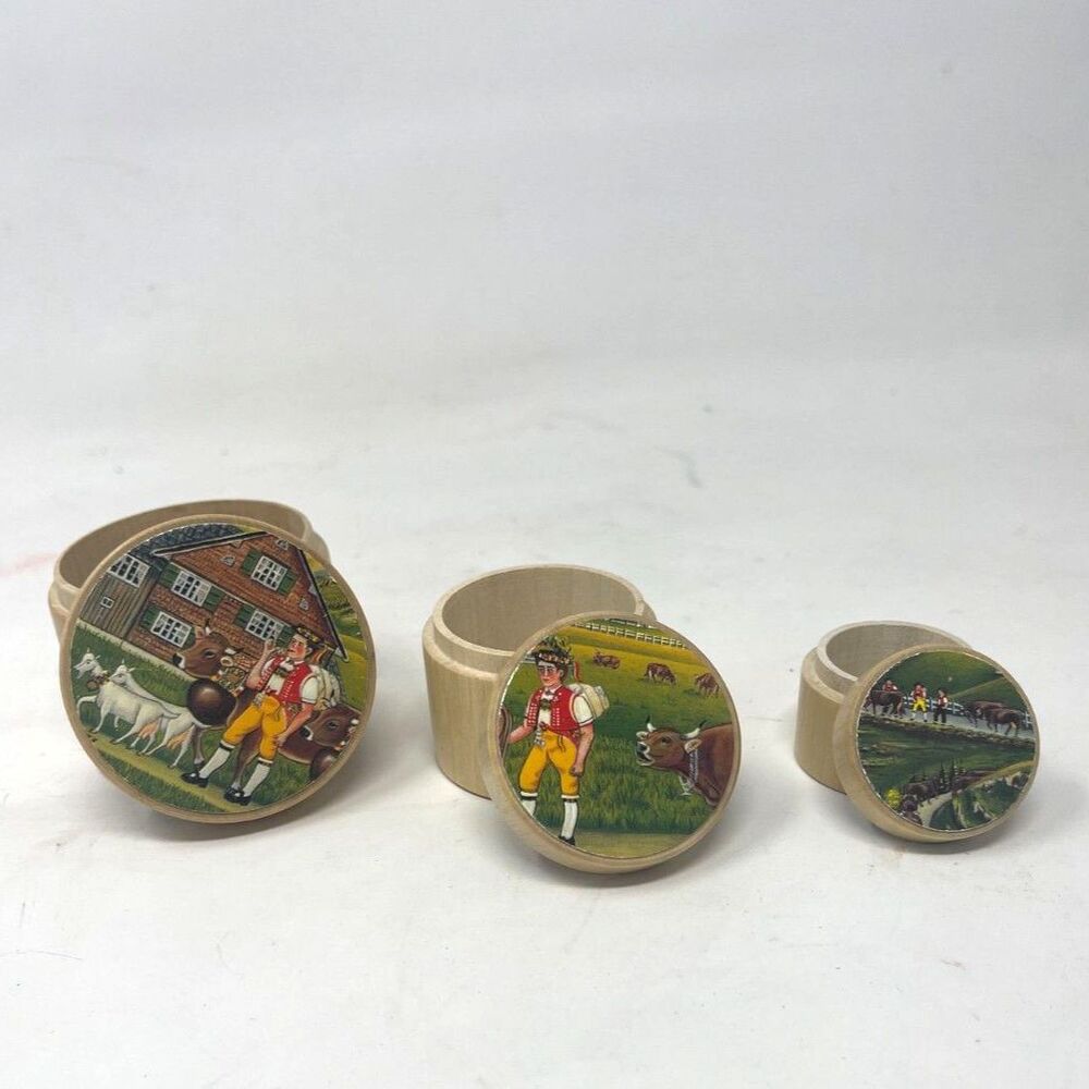 Vintage Poland Wood Nesting Handmade Trinket Boxes ~Farm Village Scene (Set of 3